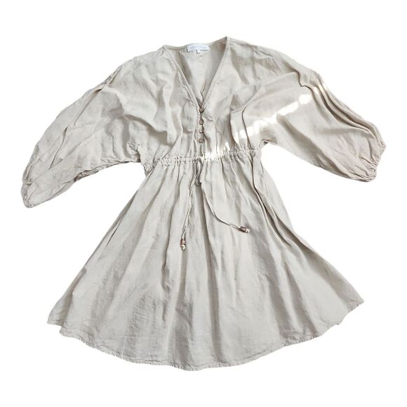 White Closet Chic Beige Mini Dress with Balloon Sleeves Sz Small Linen Australia - Picture 1 of 7